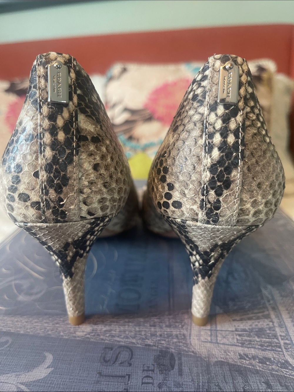 COACH Snake-Print Pointed Toe Pumps in Beige and Black - Picture 3 of 7